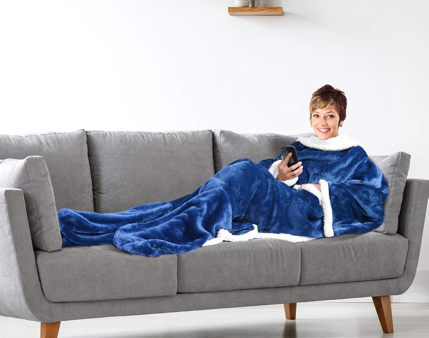 Sherpa Wearable Blanket with Sleeves & Foot Pockets for Adult Women Men, Comfy Snuggle Wrap Sleeved Throw Blanket Robe, Gift Idea, Blue