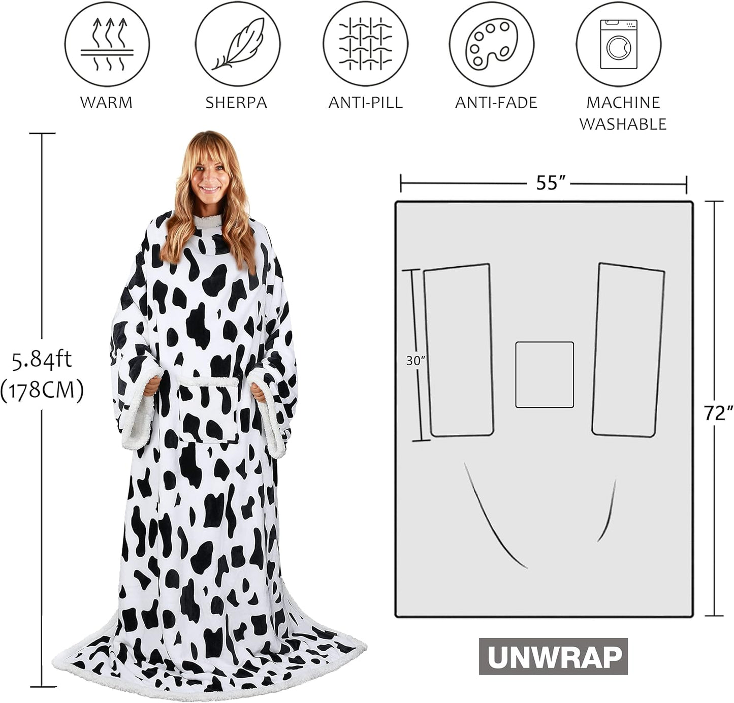 Sherpa Wearable Blanket with Sleeves, Full Body Throw Reading Wrap TV Blankets