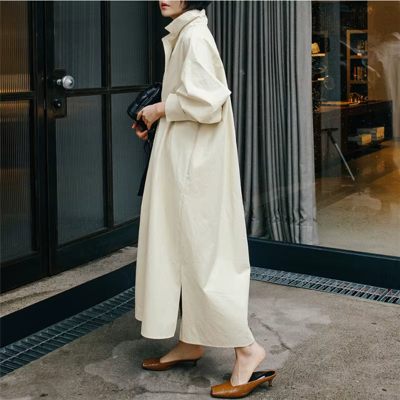 Autumn New Shirt Dresses 2025 Casual Korean Turn-Down Collar Loose Solid Color Bandage Pockets Women Dress