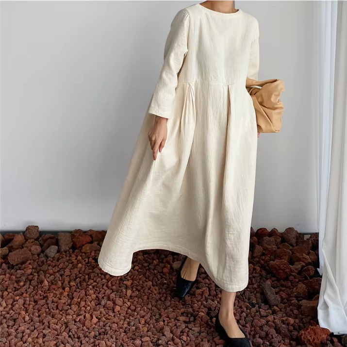New Korean Women Clothing Dresses 2025 Autumn O-Neck Casual Pockets A-Line Loose Solid Color Female Dress