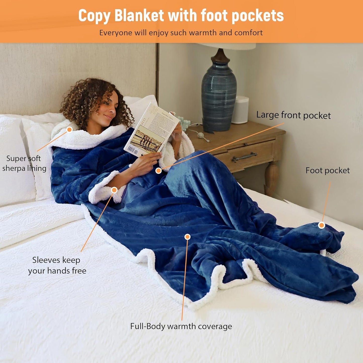 Sherpa Wearable Blanket with Sleeves & Foot Pockets for Adult Women Men, Comfy Snuggle Wrap Sleeved Throw Blanket Robe, Gift Idea, Blue