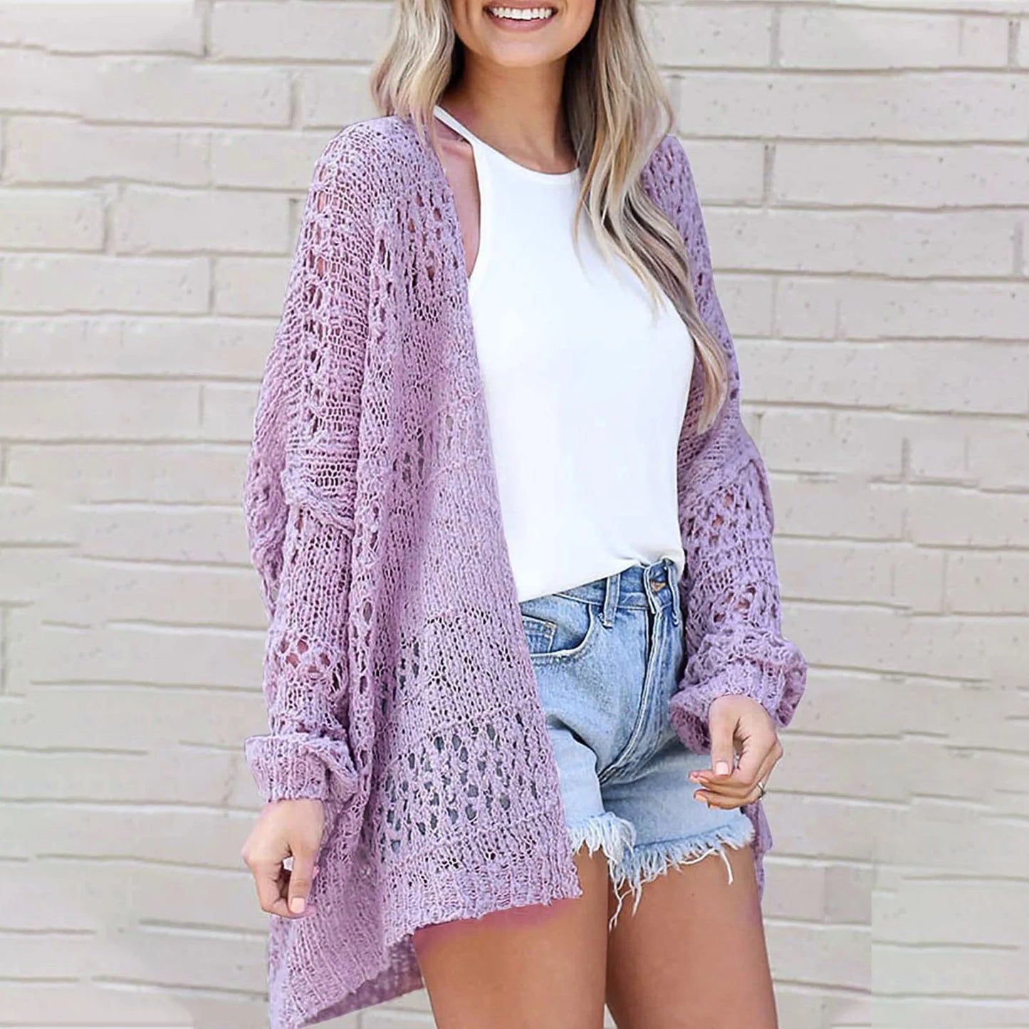 Lightweight Summer Fall Cardigan for Women Spring Open Front Long Batwing Sleeve Netted Crochet Cardigans Sweaters