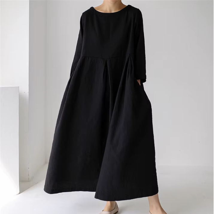 New Korean Women Clothing Dresses 2025 Autumn O-Neck Casual Pockets A-Line Loose Solid Color Female Dress