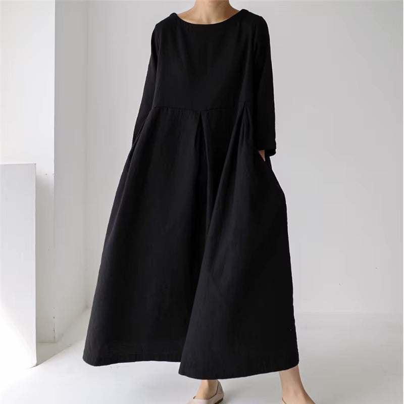 New Korean Women Clothing Dresses 2025 Autumn O-Neck Casual Pockets A-Line Loose Solid Color Female Dress