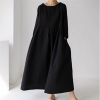 New Korean Women Clothing Dresses 2025 Autumn O-Neck Casual Pockets A-Line Loose Solid Color Female Dress