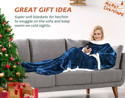 Sherpa Wearable Blanket with Sleeves & Foot Pockets for Adult Women Men, Comfy Snuggle Wrap Sleeved Throw Blanket Robe, Gift Idea, Blue