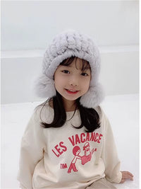 Russian Winter Real Rex Rabbit Fur Earflap Hat Child Boy Girls Knitted Caps DIY Warm Soft Fur Beanies Child