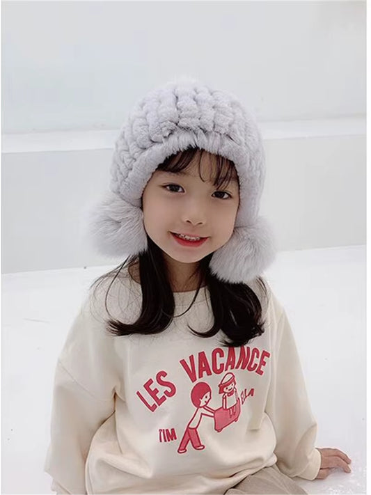 Russian Winter Real Rex Rabbit Fur Earflap Hat Child Boy Girls Knitted Caps DIY Warm Soft Fur Beanies Child