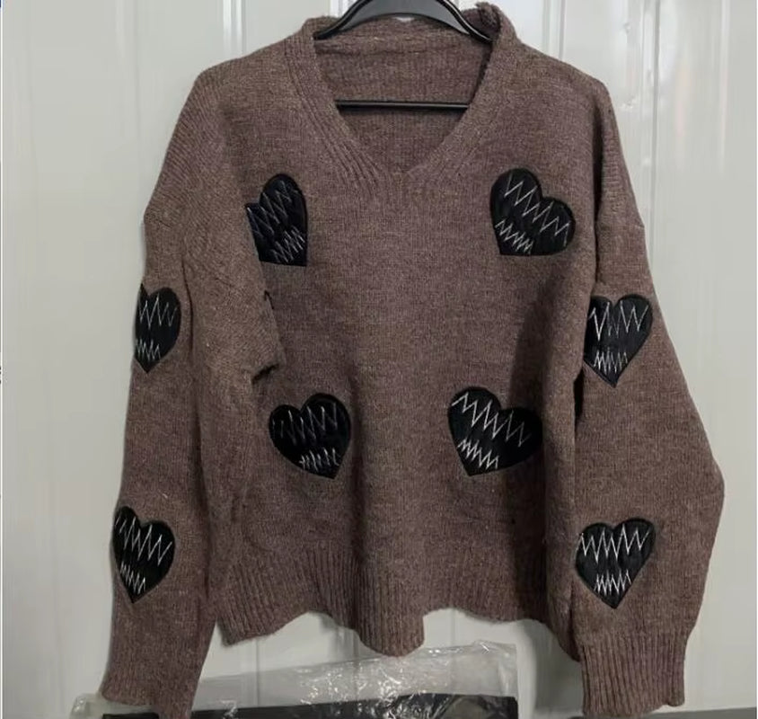 Fall Sweater Y2K Pullovers Korean Heart Oversize Tops Fashion Woman Clothes V Neck Women Sweaters Long Sleeve Jumper Femme Pull