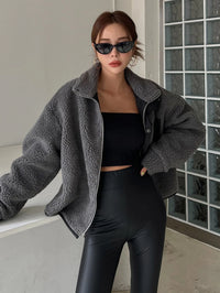 DAZY Zip up Drop Shoulder Teddy Jacket,Fall Women Clothes