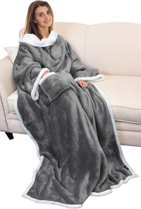 Sherpa Wearable Blanket with Sleeves Arms, Comfy Sleeved TV Wrap Blanket, Large Snuggly Throw for Women and Men, Gift for Her