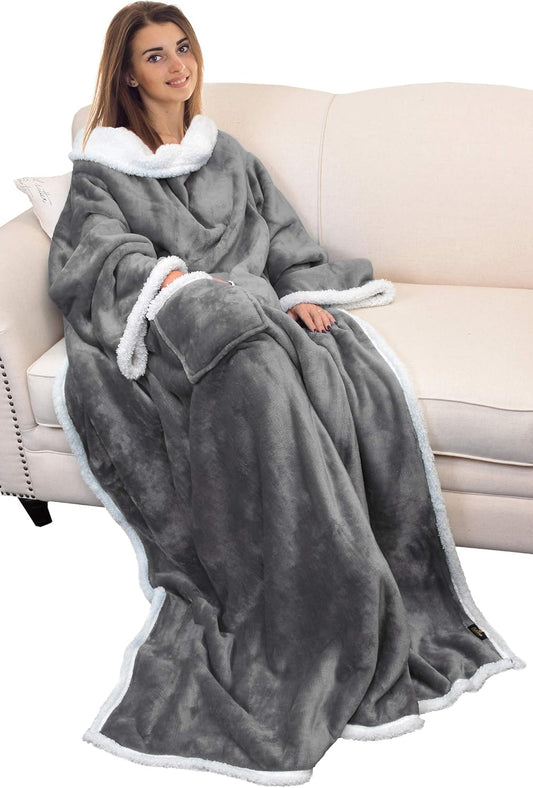 Sherpa Wearable Blanket with Sleeves Arms, Comfy Sleeved TV Wrap Blanket, Large Snuggly Throw for Women and Men, Gift for Her