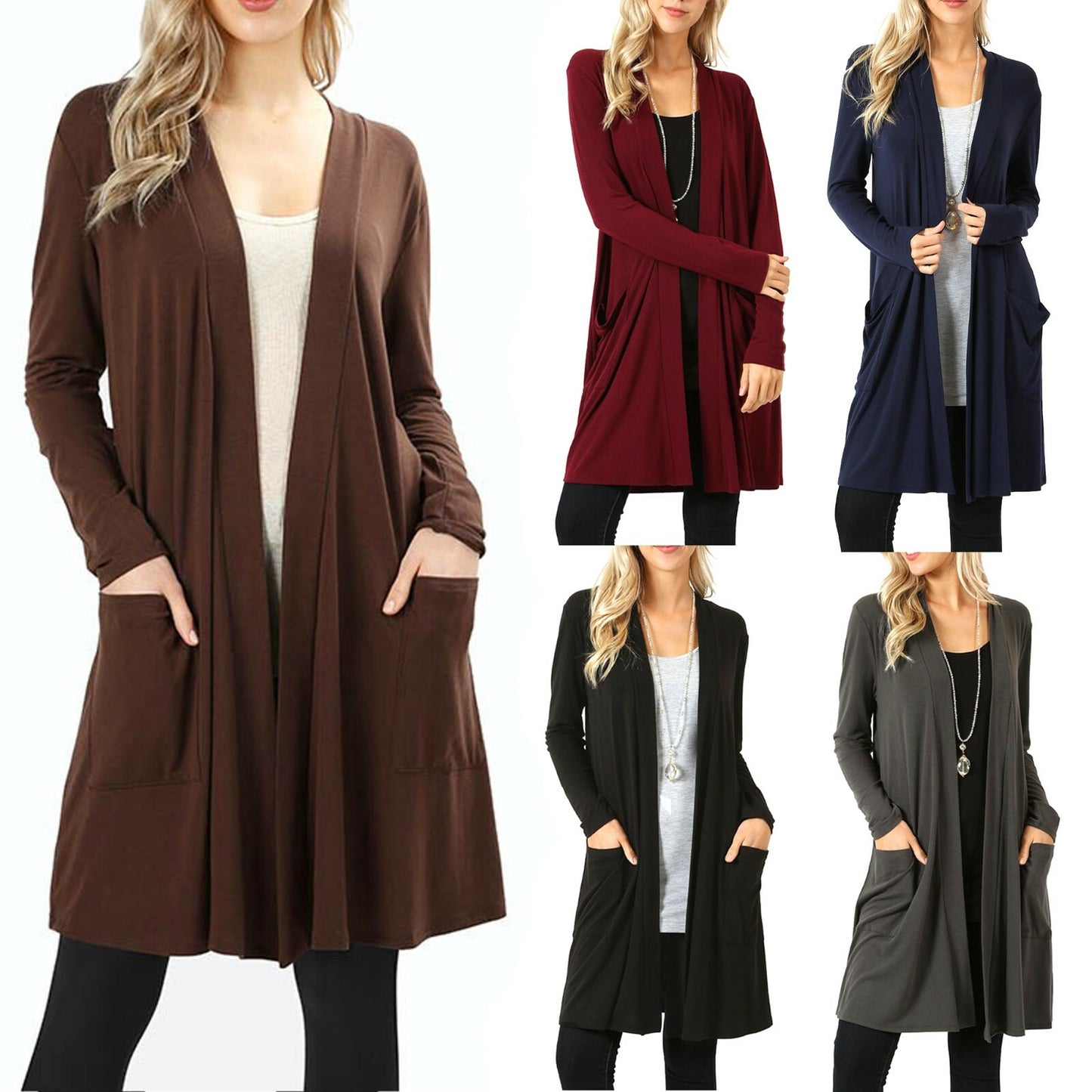 Womens Long Open Front Slouchy Cardigan Sweater Sleeve Pockets Loose Drape