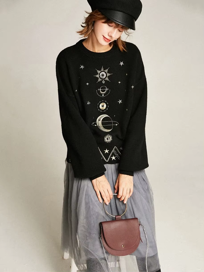 Design Starry Sky Embroidery Sweater High-End 2025 New Autumn Winter Loose Jumper Women Sweater Pullover Knit Top Runway C-055