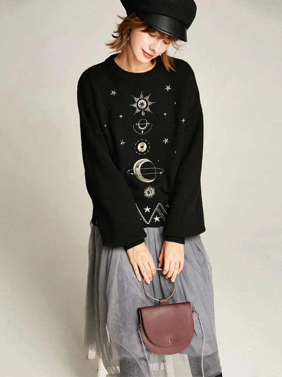 Design Starry Sky Embroidery Sweater High-End 2025 New Autumn Winter Loose Jumper Women Sweater Pullover Knit Top Runway C-055