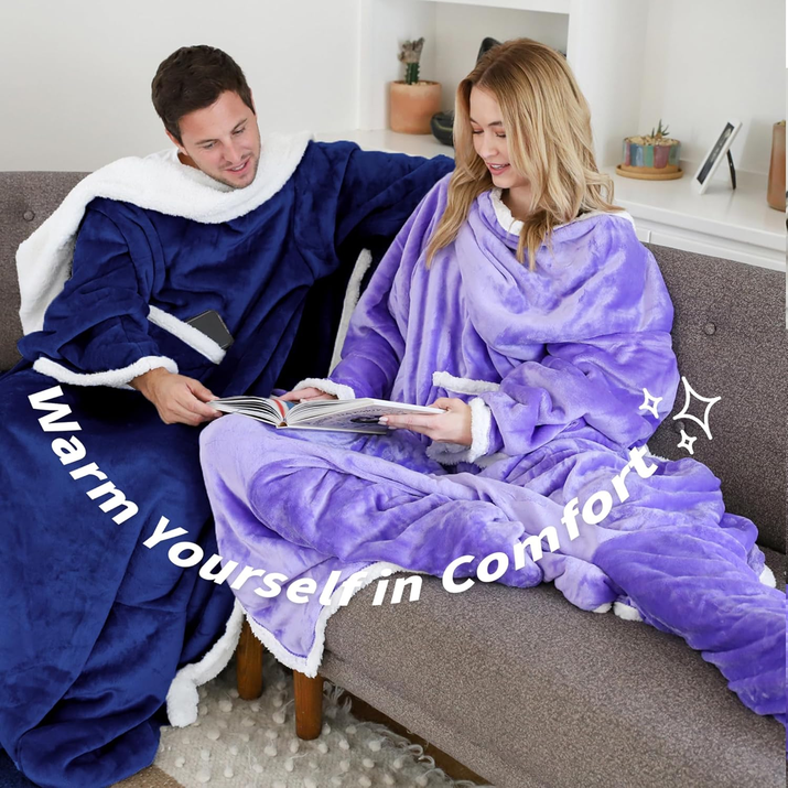 Sherpa Wearable Blanket with Sleeves & Foot Pockets for Adult Women Men, Comfy Snuggle Wrap Sleeved Throw Blanket Robe, Gift Idea, Blue