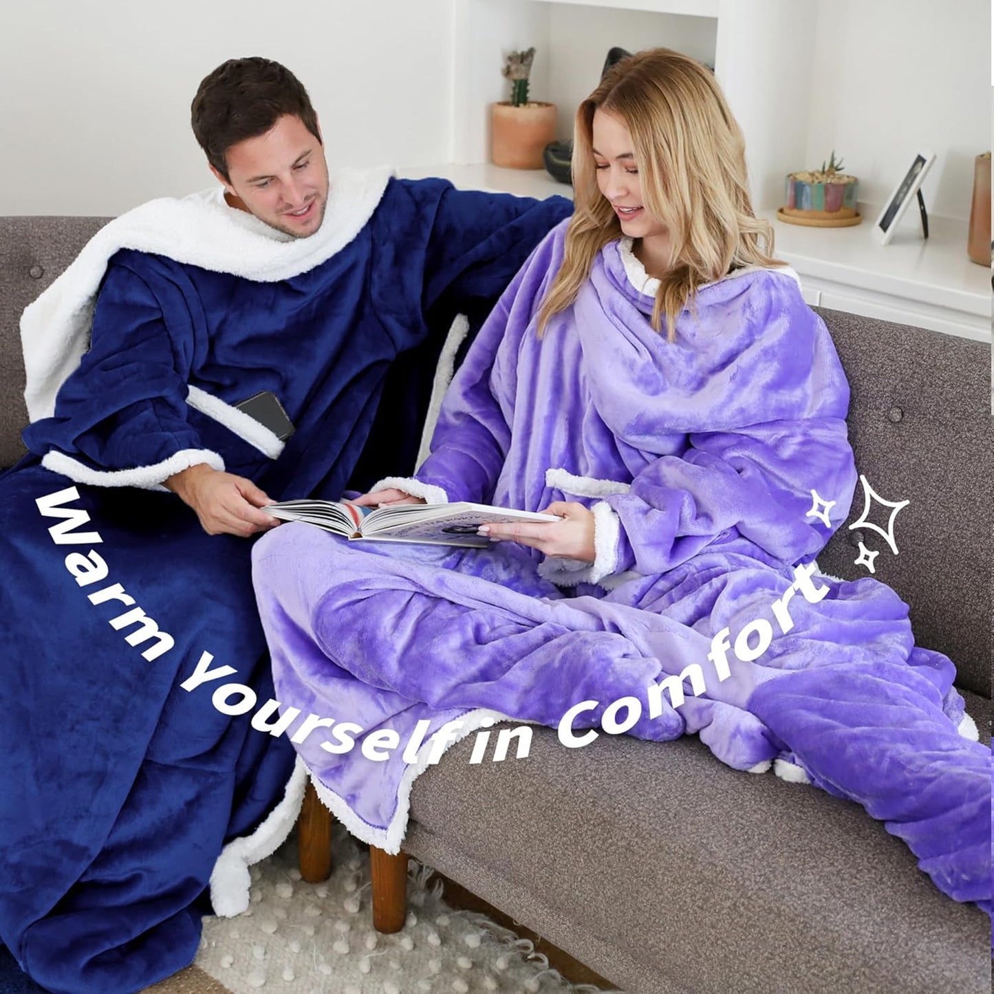 Sherpa Wearable Blanket with Sleeves & Foot Pockets for Adult Women Men, Comfy Snuggle Wrap Sleeved Throw Blanket Robe, Gift Idea, Blue