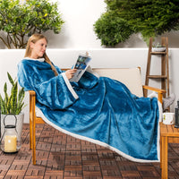 Sherpa Fleece Blanket with Sleeves Women Men Adult, Wearable Blanket Warm Soft Plush Thick, Snuggle Pocket Sleeved TV Throw Wrap, Cozy Ideas Mom Wife, Teal Blue