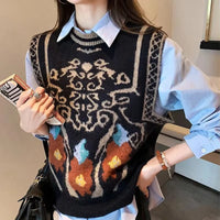 Sweater Vest V-Neck Argyle Crop Tops Chic Preppy Style Knitted Students Harajuku Vintage Streetwear Slim Leisure Fashion Women