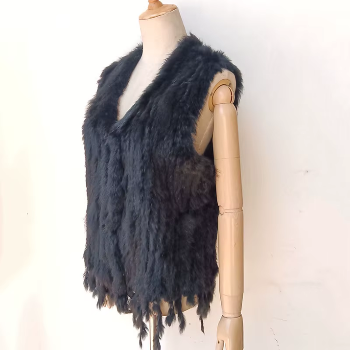 Knitted Real Rabbit Fur Vest with Tassel Casual Women Autumn Real Fur Gelit Ladies Sleeveless Real Fur Coats for Womans