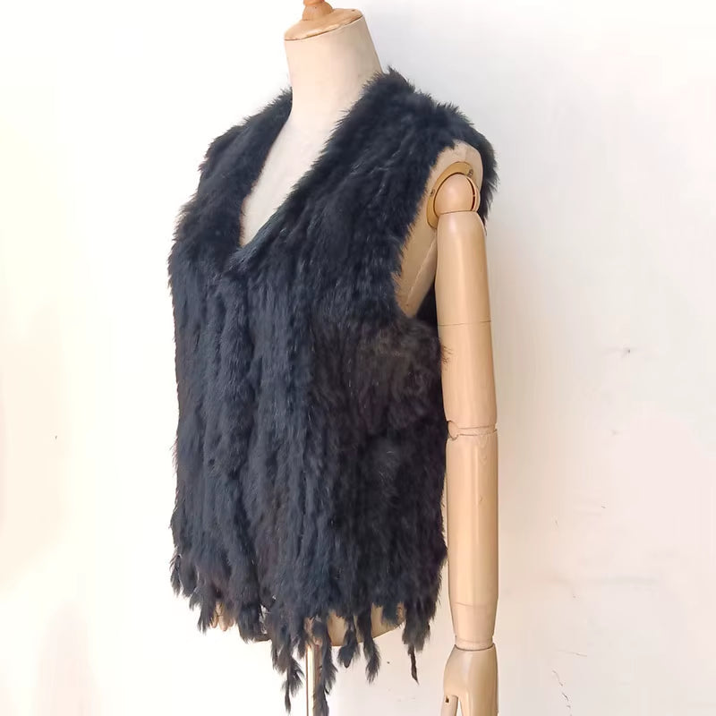 Knitted Real Rabbit Fur Vest with Tassel Casual Women Autumn Real Fur Gelit Ladies Sleeveless Real Fur Coats for Womans