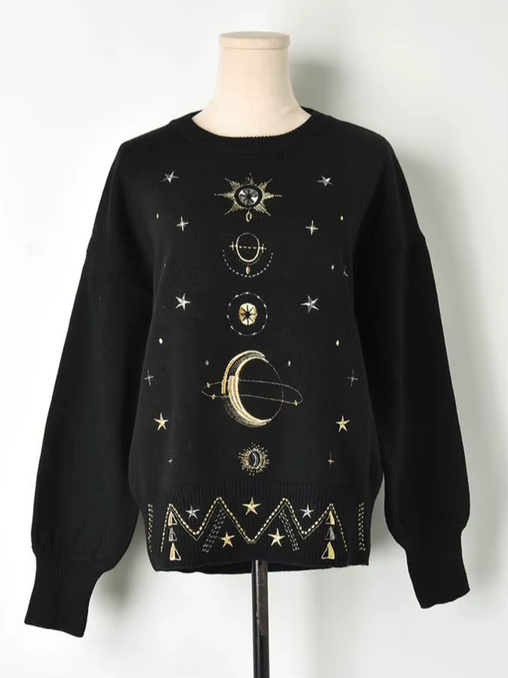 Design Starry Sky Embroidery Sweater High-End 2025 New Autumn Winter Loose Jumper Women Sweater Pullover Knit Top Runway C-055