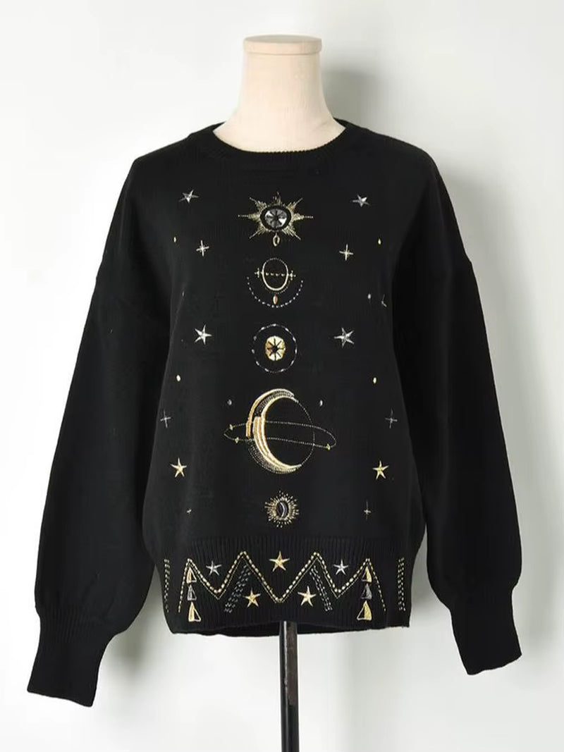 Design Starry Sky Embroidery Sweater High-End 2025 New Autumn Winter Loose Jumper Women Sweater Pullover Knit Top Runway C-055