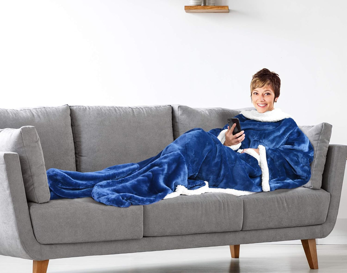 Sherpa Wearable Blanket with Sleeves & Foot Pockets for Adult Women Men, Comfy Snuggle Wrap Sleeved Throw Blanket Robe, Gift Idea, Blue