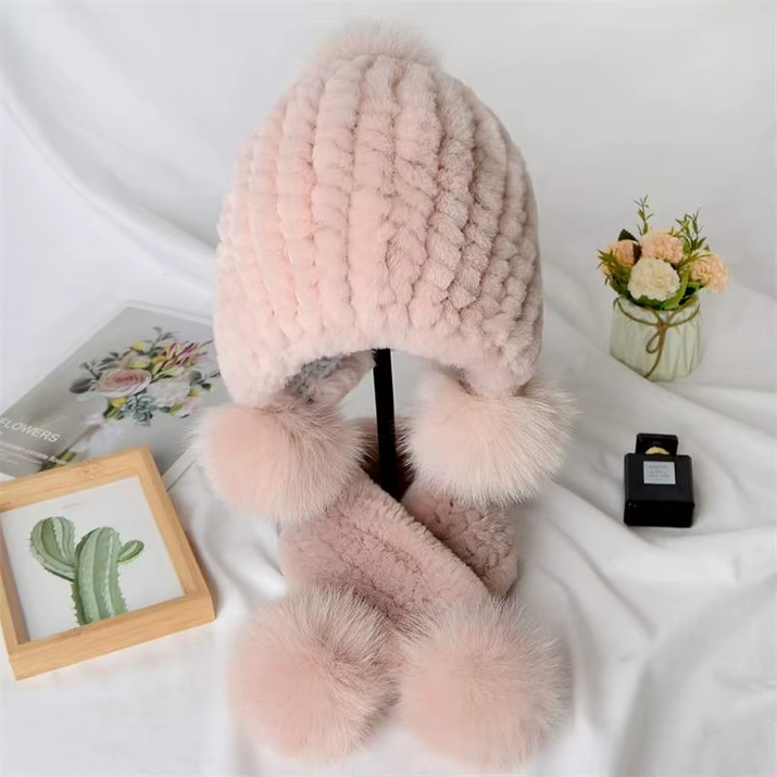 Russian Winter Real Rex Rabbit Fur Earflap Hat Child Boy Girls Knitted Caps DIY Warm Soft Fur Beanies Child