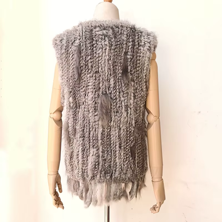 Knitted Real Rabbit Fur Vest with Tassel Casual Women Autumn Real Fur Gelit Ladies Sleeveless Real Fur Coats for Womans
