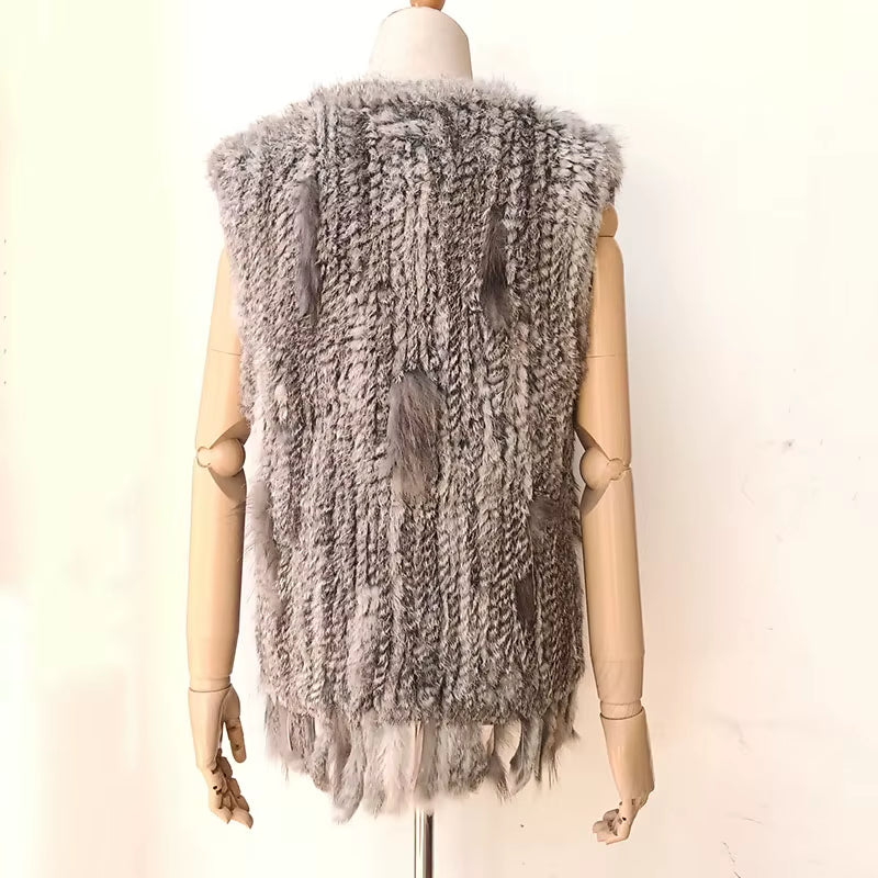 Knitted Real Rabbit Fur Vest with Tassel Casual Women Autumn Real Fur Gelit Ladies Sleeveless Real Fur Coats for Womans