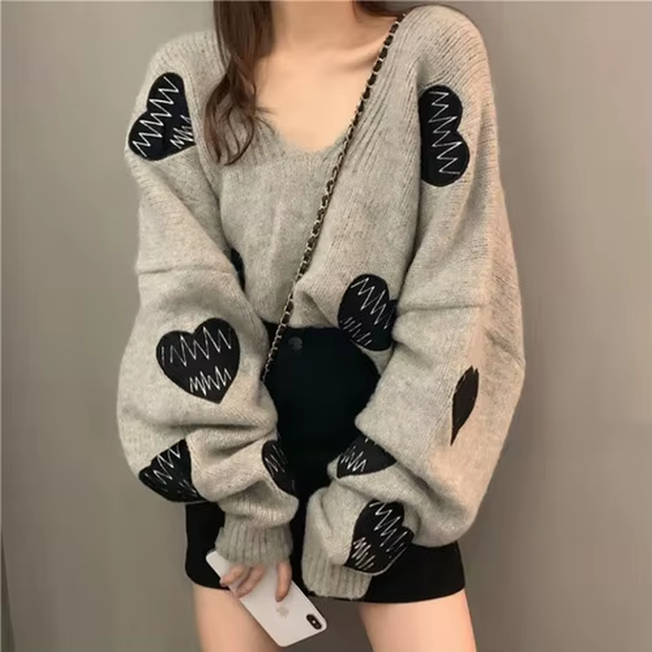 Fall Sweater Y2K Pullovers Korean Heart Oversize Tops Fashion Woman Clothes V Neck Women Sweaters Long Sleeve Jumper Femme Pull