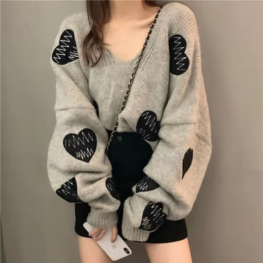 Fall Sweater Y2K Pullovers Korean Heart Oversize Tops Fashion Woman Clothes V Neck Women Sweaters Long Sleeve Jumper Femme Pull