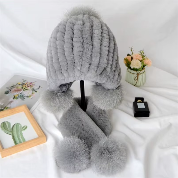 Russian Winter Real Rex Rabbit Fur Earflap Hat Child Boy Girls Knitted Caps DIY Warm Soft Fur Beanies Child