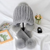 Russian Winter Real Rex Rabbit Fur Earflap Hat Child Boy Girls Knitted Caps DIY Warm Soft Fur Beanies Child