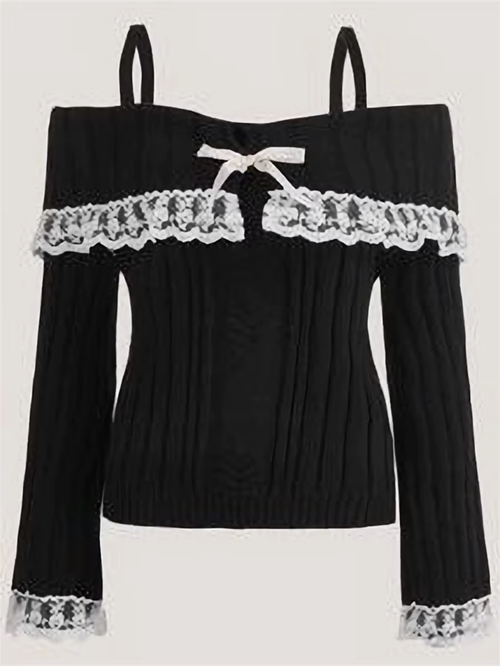 Grunge Women off Shoulder Knit Sweater Pink Pullover Sweet Pullovers Long Sleeve Bow Lace Patchwork Jumpers Y2K Streetwear