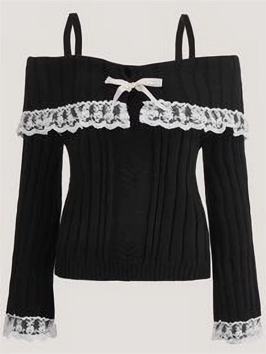 Grunge Women off Shoulder Knit Sweater Pink Pullover Sweet Pullovers Long Sleeve Bow Lace Patchwork Jumpers Y2K Streetwear