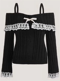 Grunge Women off Shoulder Knit Sweater Pink Pullover Sweet Pullovers Long Sleeve Bow Lace Patchwork Jumpers Y2K Streetwear