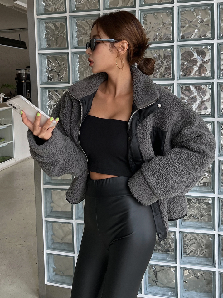 DAZY Zip up Drop Shoulder Teddy Jacket,Fall Women Clothes