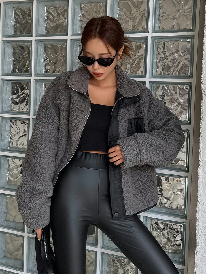 DAZY Zip up Drop Shoulder Teddy Jacket,Fall Women Clothes