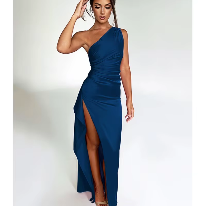 Exude timeless sophistication in this one-shoulder satin gown, designed for summer soirées and evening elegance. Featuring a sleeveless silhouette, daring high slit, and alluring backless detail, this dress is the epitome of graceful allure—perfect for cocktail parties, formal gatherings, or any occasion where elegance is essential