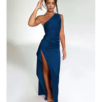 Exude timeless sophistication in this one-shoulder satin gown, designed for summer soirées and evening elegance. Featuring a sleeveless silhouette, daring high slit, and alluring backless detail, this dress is the epitome of graceful allure—perfect for cocktail parties, formal gatherings, or any occasion where elegance is essential