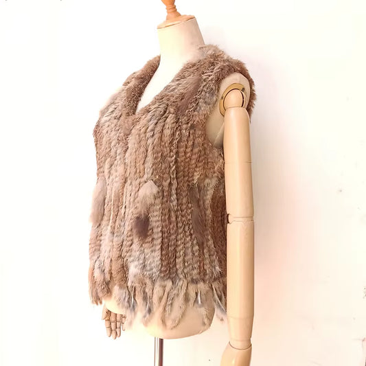 Knitted Real Rabbit Fur Vest with Tassel Casual Women Autumn Real Fur Gelit Ladies Sleeveless Real Fur Coats for Womans