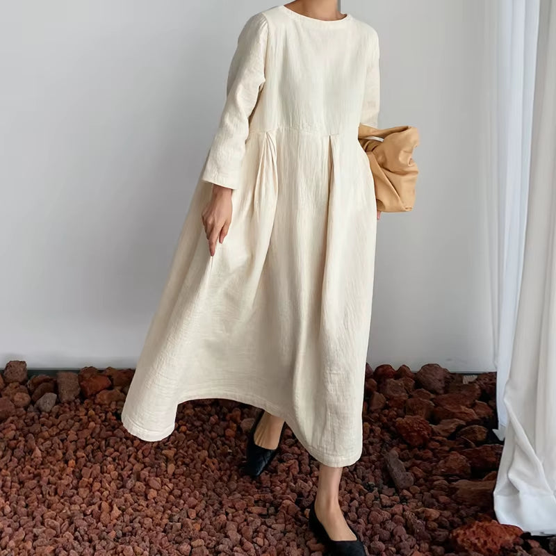 New Korean Women Clothing Dresses 2025 Autumn O-Neck Casual Pockets A-Line Loose Solid Color Female Dress