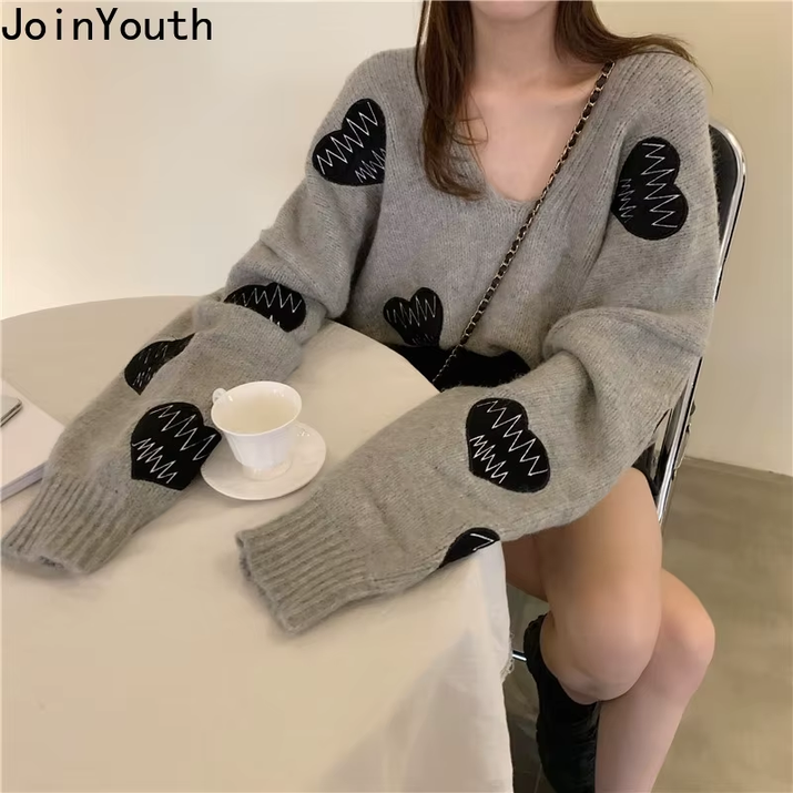 Fall Sweater Y2K Pullovers Korean Heart Oversize Tops Fashion Woman Clothes V Neck Women Sweaters Long Sleeve Jumper Femme Pull