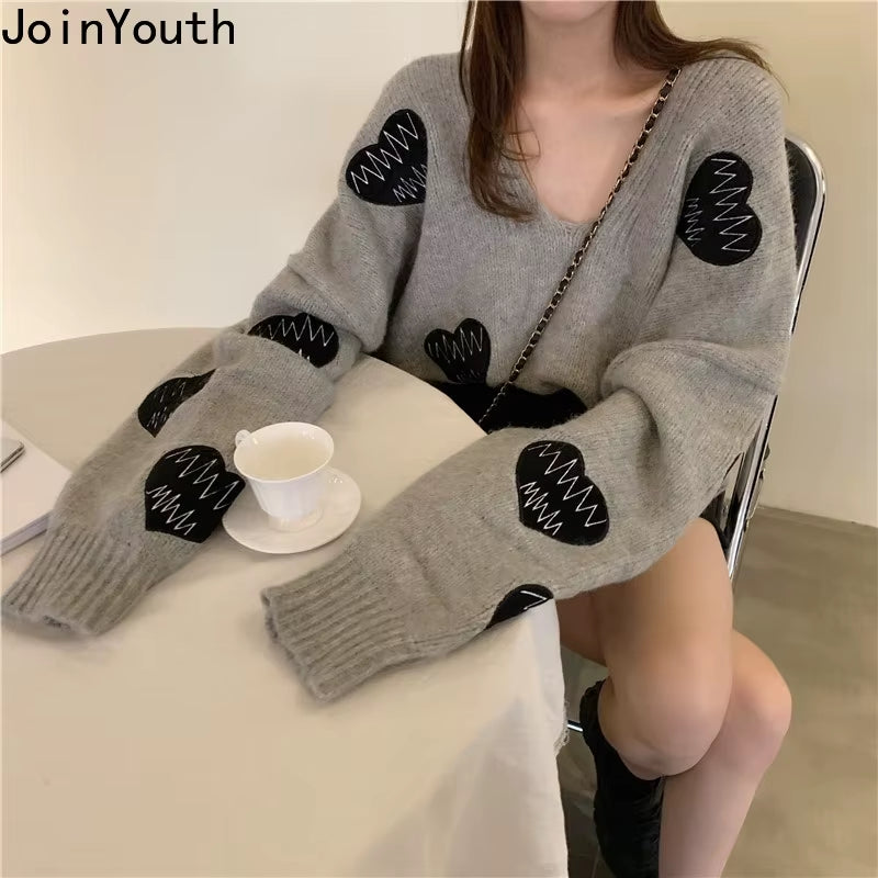Fall Sweater Y2K Pullovers Korean Heart Oversize Tops Fashion Woman Clothes V Neck Women Sweaters Long Sleeve Jumper Femme Pull