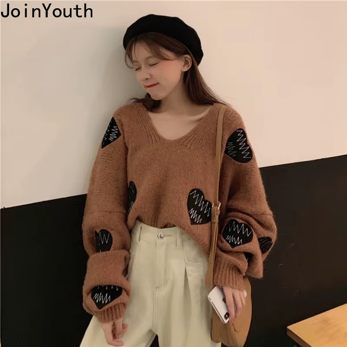 Fall Sweater Y2K Pullovers Korean Heart Oversize Tops Fashion Woman Clothes V Neck Women Sweaters Long Sleeve Jumper Femme Pull