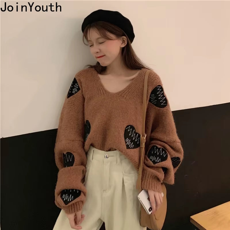 Fall Sweater Y2K Pullovers Korean Heart Oversize Tops Fashion Woman Clothes V Neck Women Sweaters Long Sleeve Jumper Femme Pull