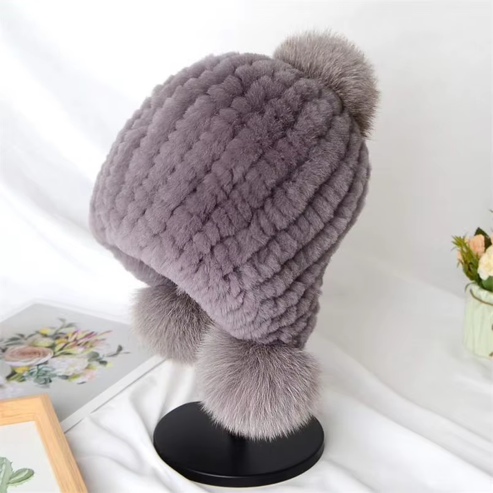 Russian Winter Real Rex Rabbit Fur Earflap Hat Child Boy Girls Knitted Caps DIY Warm Soft Fur Beanies Child