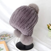 Russian Winter Real Rex Rabbit Fur Earflap Hat Child Boy Girls Knitted Caps DIY Warm Soft Fur Beanies Child